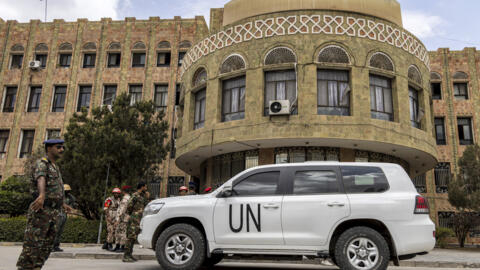 A United Nations vehicle is parked outside as the UN special envoy for Yemen meets with local officials in the country's third city of Taez on February 12, 2024