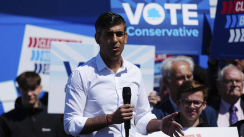 Britain's Prime Minister Rishi Sunak launches the Conservative campaign bus during a speech, June 1, 2024.