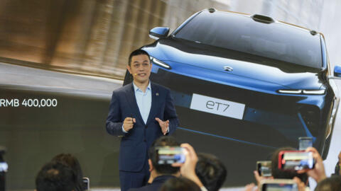 Founder and CEO of the electric car manufacturer Nio, William Li speaks during a press conference at the opening China Auto Show in Beijing, China, Thursday, April 25, 2024.