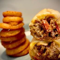 West Coast Cheesesteaks - Philly Cheese (Angus certified) Steak with onion rings