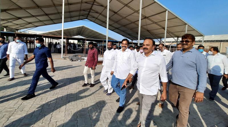 Chevella MP Ranjith Reddy,former Mayor Donthu Rammohan and others inspecting venue of TRS 20th Plenary to be held at Hitex grounds in Madhapur on Thursday. (Photo: P.Surendra)
