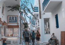 people walking in mikonos greece