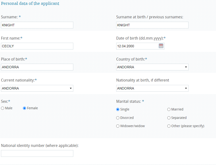 enter personal data for croatia visa application