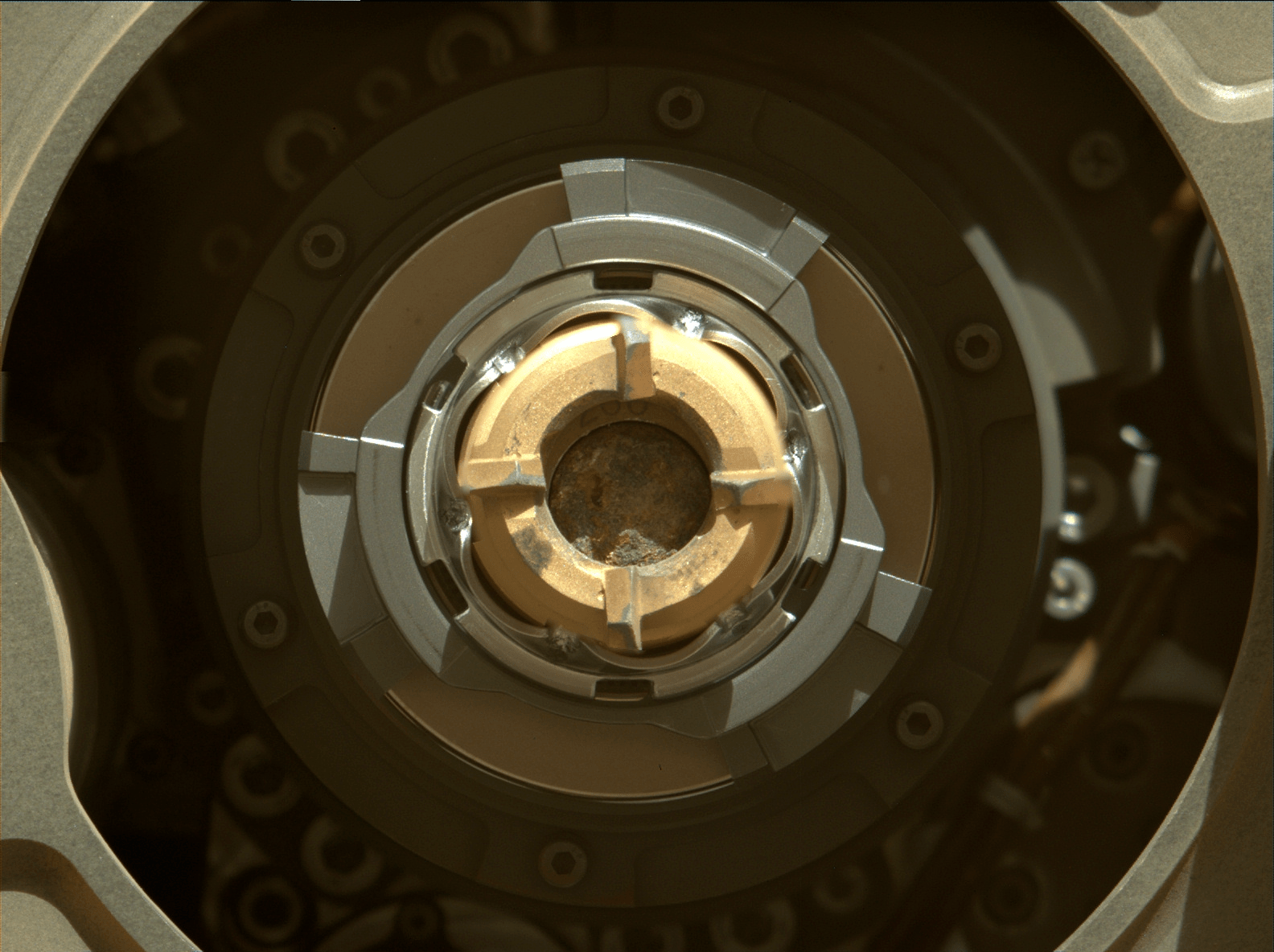This Mastcam-Z image shows a sample of Mars rock inside the sample tube