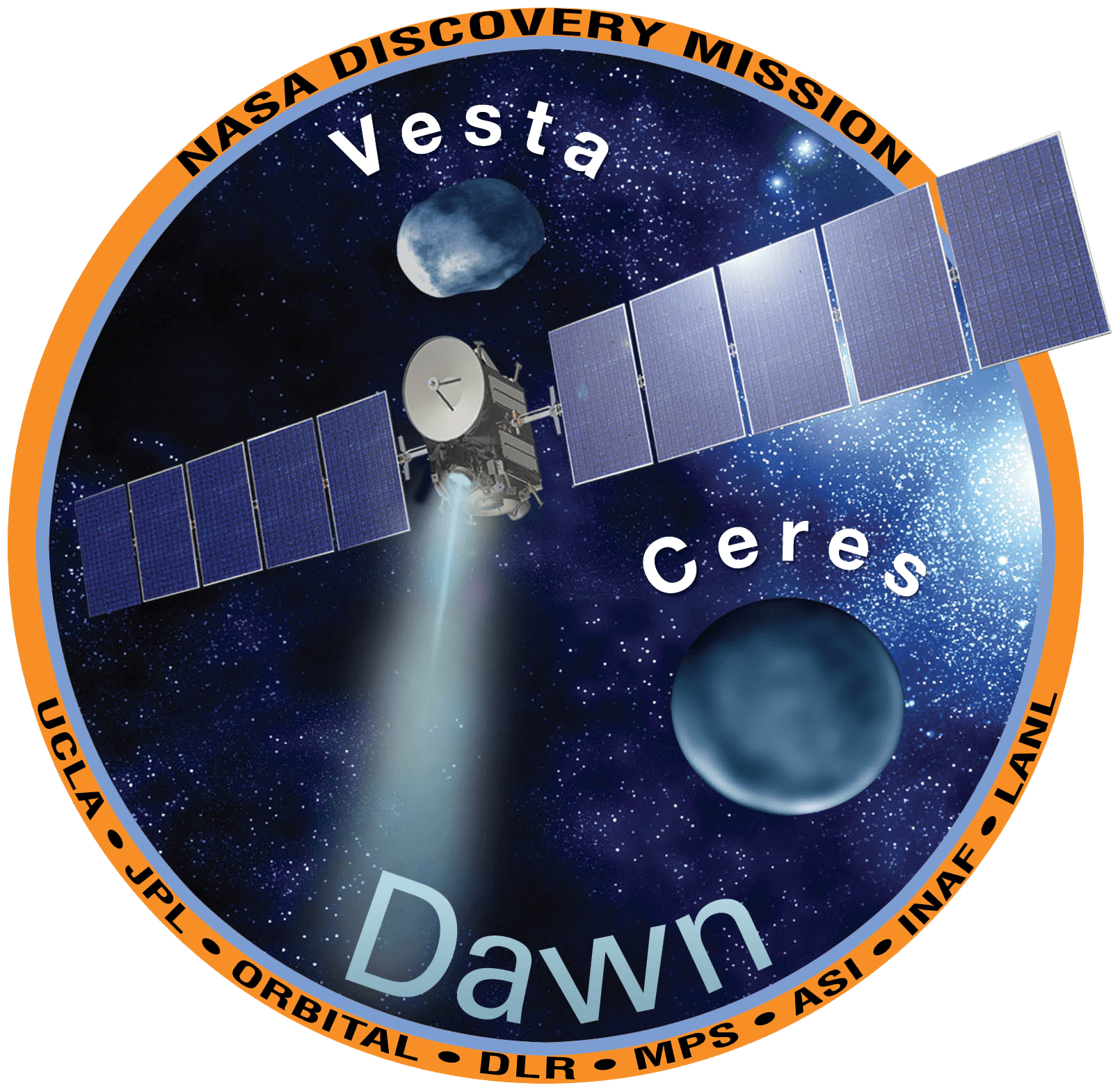 Dawn Mission patch shows the spacecraft and asteroid Vesta and dwarf planet Ceres.