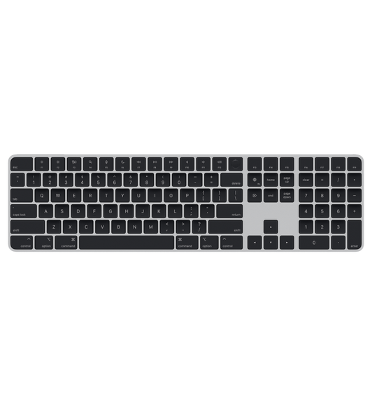Fekete Magic Keyboard számbillentyűzettel, fordított „T” elrendezésű nyílbillentyűkkel és külön Page Up és Page Down billentyűvel.