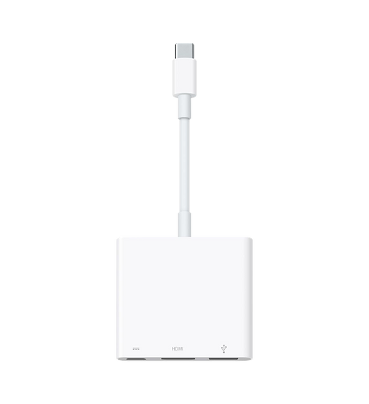 Con el adaptador multipuerto de USB-C a AV digital puedes conectar un monitor HDMI a tu Mac o iPad con USB-C, además de un accesorio USB estándar y un cable USB-C para cargar tu dispositivo.