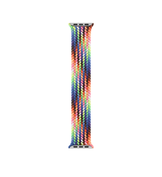 Correa Solo Loop trenzada Edición Orgullo, elaborada en una gama fluorescente de colores inspirada en la alegre bandera arcoíris del Orgullo, sin hebillas ni cierres
