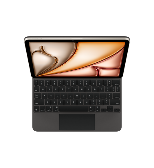 iPad Air egy Magic Keyboardhoz rögzítve, fekete, fekete billentyűk fehér betűkkel, fordított T alakban elrendezett nyílbillentyűk, beépített érintőpad