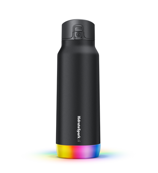 The black stainless steel, vacuum insulated Hi-drateSpark PRO STEEL Smart Water Bottle keeps a 32-ounce beverage cold up to 24 hours.
