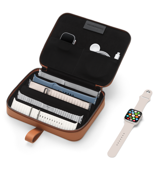 The von Holzhausen Watch Band Portfolio neatly displays, organizes, and transports your Apple watch bands and accessories.