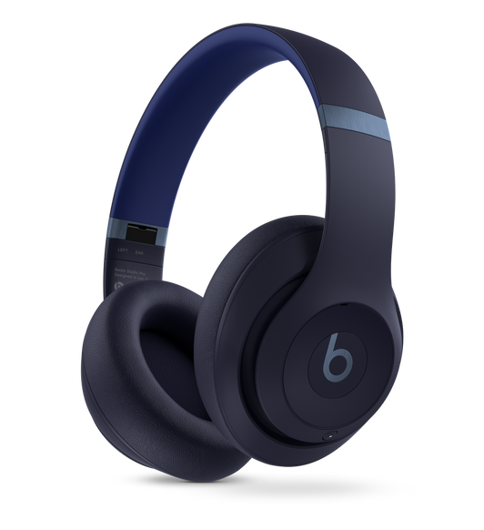 Beats Studio Pro Wireless Headphones in Navy, with ultra-plush engineered leather cushions for extended comfort and durability.