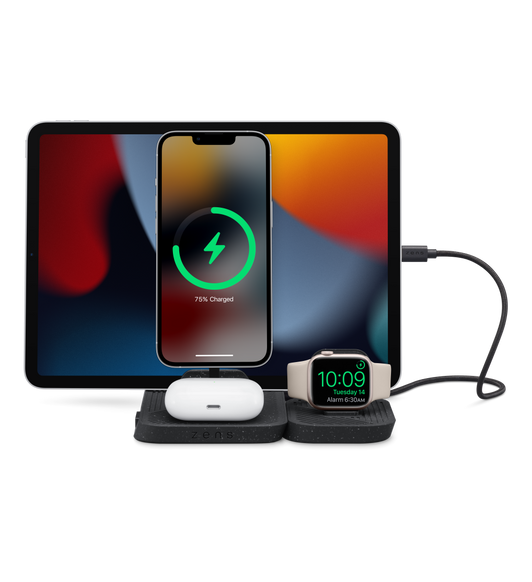 The Zens 4-in-1 Modular wireless charger, shown charging iPad, iPhone, Airpods, and Apple Watch.
