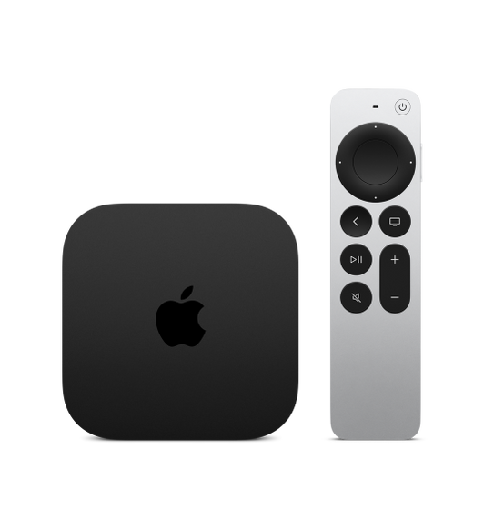 Side-by-side. Apple TV 4K, square, black, rounded corners. Siri Remote front with black, circular, touch-enabled clickpad, and raised buttons.
