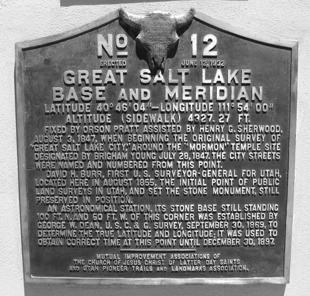 Figure 3. Great Salt Lake Base and Meridian monument, which stands at the southeast corner of Temple Square (block 87) in Salt Lake City. Courtesy of Tom Howder.