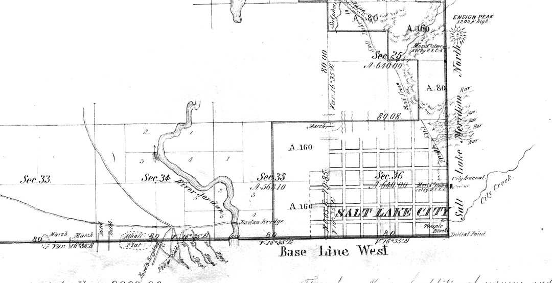 Figure 14. Detail from 1869 General Land Office resurvey of Township 1 North, Range 1 West, Salt Lake Meridian. Note that the section line between sections 35 and 36 does not coincide with the sixth north-south street (North 600 West) west of the Initial Point. U.S. Department of the Interior, Bureau of Land Management, Utah State BLM Office.