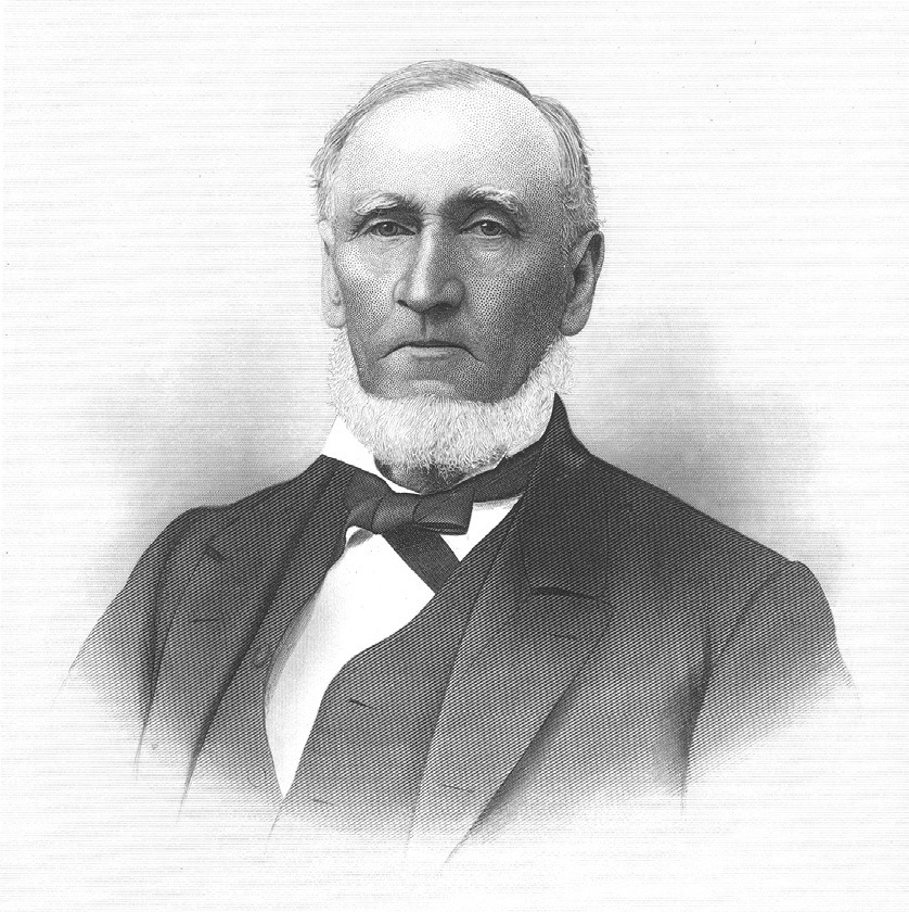 Figure 8. Jesse Williams Fox Sr., surveyor general of Utah Territory from 1852–1884, portrayed one year before he showed the Sherwood plat at the office of the Deseret News. Engraved portrait facing page 504 in Orson F. Whitney, History of Utah, volume 1 (Salt Lake City: George Q. Cannon & Sons Co., 1892); page 503 describes Fox surveying the site for the Salt Lake Temple on February 14, 1853, while Brigham Young and thousands of spectators waited and looked on, followed by music by the bands, public addresses, and the groundbreaking ceremony.