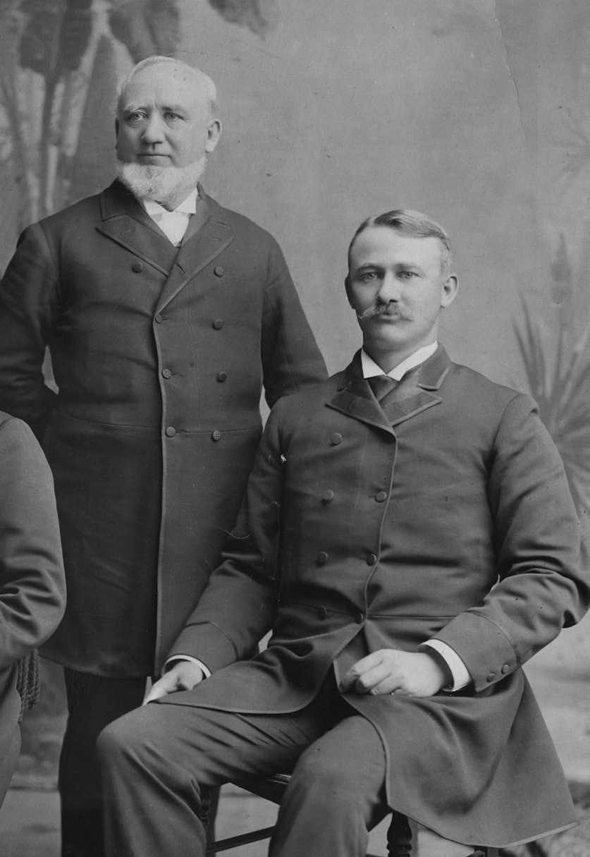 Figure 9. George Q. Cannon and his son John Q. Cannon, editor of the Deseret News. Each published individually the 1893 article, “Salt Lake’s First Survey,” describing the Sherwood sheepskin plat. Detail from the Cannon Family Photograph Collection, PH 8648, fd. 3, item 1. Courtesy of Intellectual Property, Church of Jesus Christ of Latter-day Saints.