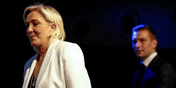 Marine Le Pen et Jordan Bardella à l'heure des premières estimations du résultat des élections européennes, le 9 juin.