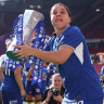 An injured Sam Kerr celebrated the Women’s Super League title with her Chelsea teammates.