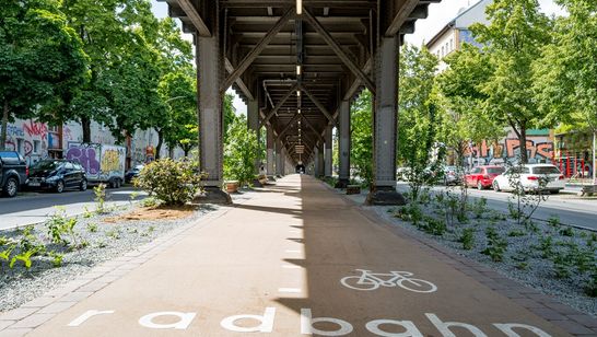 Radweg unter einem Viadukt mit bepflanztem Rand und dem Wort "radbahn" auf dem Weg. 