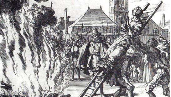 Hinrichtung auf dem Scheiterhaufen im Jahr 1571 (Radierung von Jan Luyken)