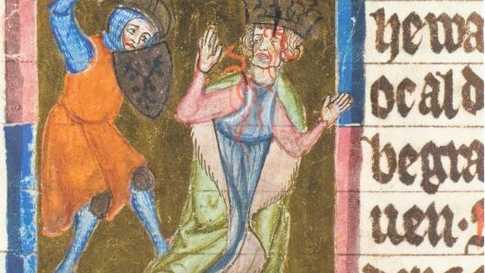 Zeichnung: Ein Mann sticht mit einem Schwert auf einen blutenden Mann ein.
