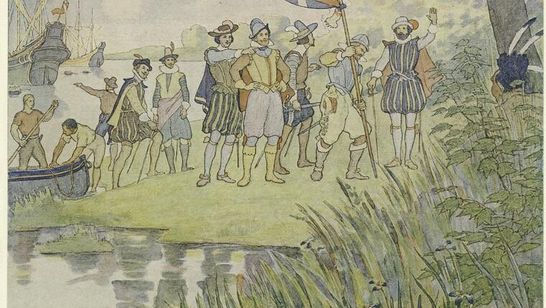 Zeichnung der Siedler, wie sie das erste Mal ihren Fuß auf nordamerikanischen Boden setzen.