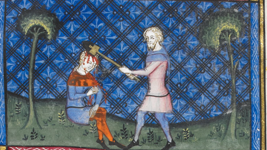 Mittelalterliches Gemälde: Kain erschlägt Abel auf dem Feld.