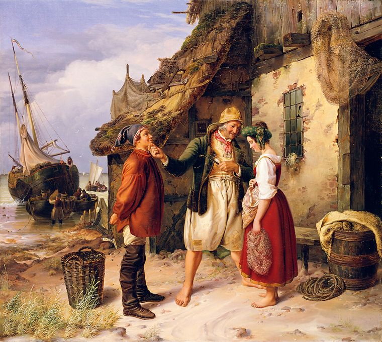 Zwei Männer und eine Frau stehen vor einem Haus, im Hintergrund ein Schiff auf dem Meer.