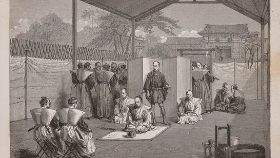 Seppuku-Zeremonie (Zeichnung von L. Crépon nach einem japanischen Gemälde,1867)