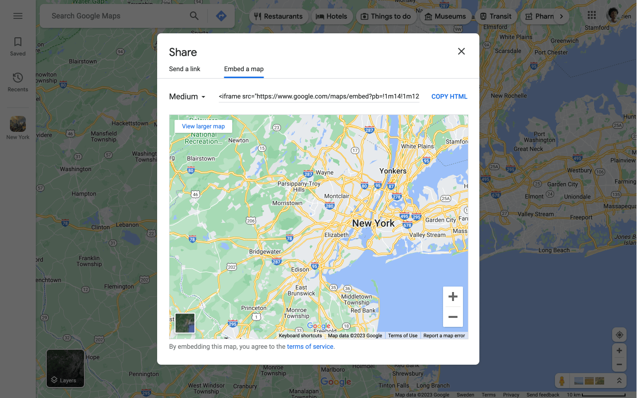 Google Maps interface with sharing popup open