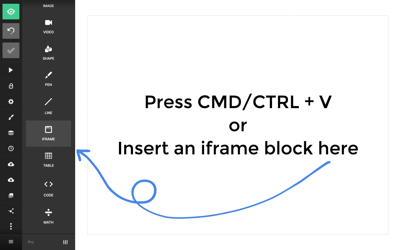 The Slides editor interface with an arrow pointing to the Iframe content block