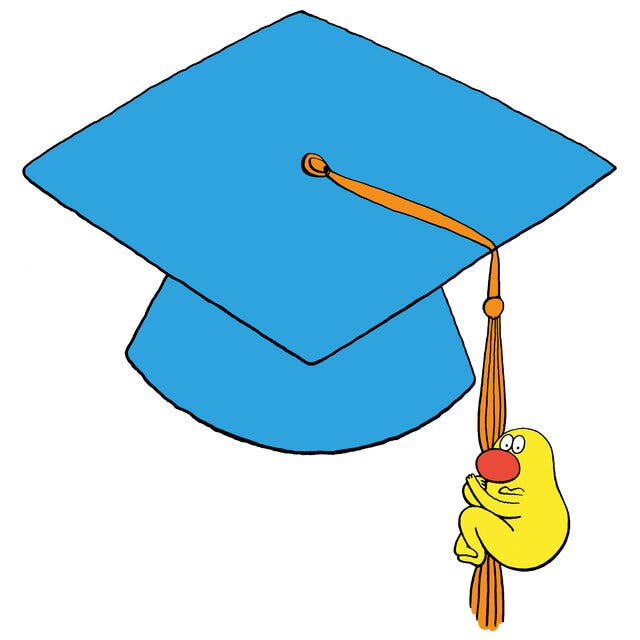 in a cartoon, a timid yellow creature with a red nose nervously grasps the tassle on a blue mortraboard.