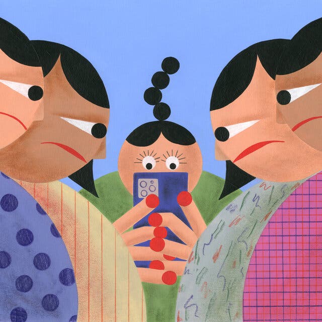 An illustration of four adults frowning and watching a child use her cellphone. The child has a ponytail and red polish on her fingernails.