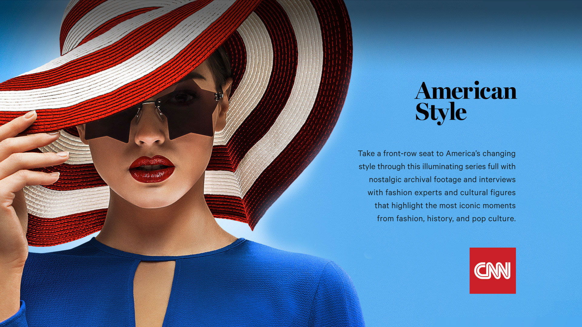 woman-wearing-and-holding-rim-of-red-and-white-striped-hat-and-star-sunglasses-red-lipstick-blue-top-american-style-logo-cnn-logo